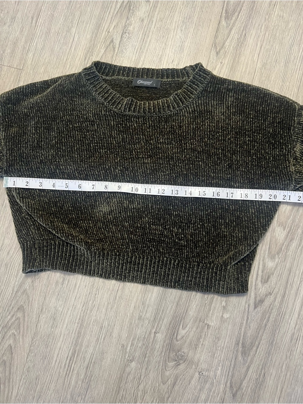 Cropped Chenille Crewneck Sweater in Olive - Picture 5 of 7